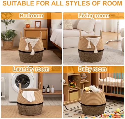 OIAHOMY 60L Blanket Basket with Handle, Storage Basket for Living Room, Laundry Hamper for Clothes, Towels, Pillows, Toy Storage for Kids and Dogs, Baby Hamper for Nursery - Brown & Black - Image 4