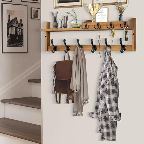 27.5" Wall Mount Coat Rack with Shelf, Key Holder & Mail Organizer, Brown - Image 7