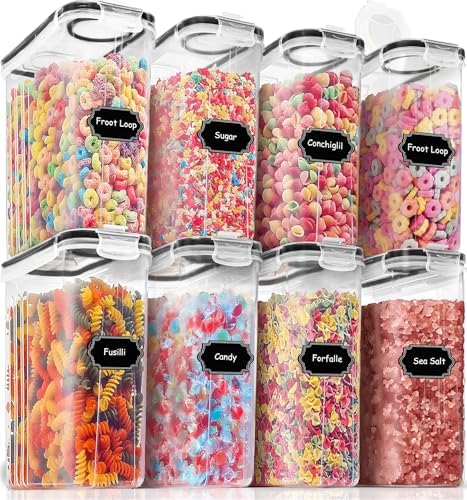 PRAKI Cereal Containers Storage Set (4L,135.2 Oz), 8PCS Airtight Food Storage Containers with Lids for Kitchen & Pantry Organizers and Storage, Cereal Dispensers with 20 labels, Measuring Cup & Marker by PRAKI