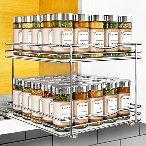 LYNK PROFESSIONAL® Pull Out Spice Organization for Cabinets - 10-3/8 inch Wide – Spice Rack for Inside Cabinets, Slide Out Spice Rack Organizer for cabinet – Pull Out Spice Rack, Sliding 2 Tier Chrome by LYNKPROFESSIONAL
