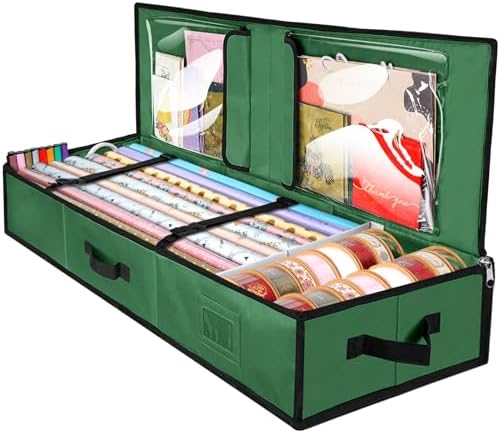 BALEINE Wrapping Paper Storage Organizer, 40" Durable 600D Oxford Fabric Gift Wrap Storage Bag with Flexible Partitions for Ribbon, Holiday Accessories (Green) by BALEINE