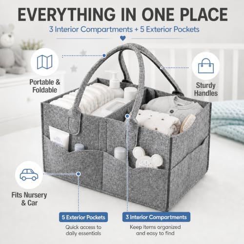 PandaEar Diaper Caddy Organizer, Portable Baby Basket, Divided, Gray - Image 3