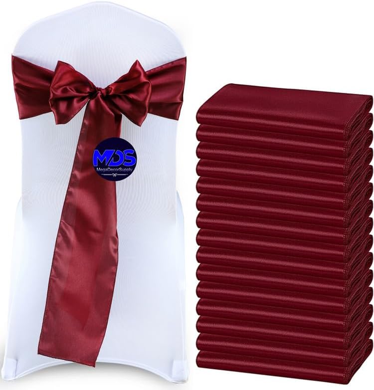 MDS Pack of 125 PCS Satin Chair Sashes Charmeuse Sateen Dining Chair Bows Ribbon Ties Back Sash for Wedding Party Birthday Home Hotel Restaurant Banquet Decoration (7 x 108 Inch, Burgundy)