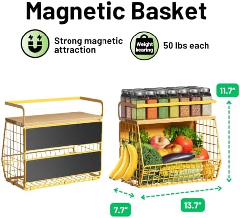 Magnetic Shelf for Fridge with Wood Lid, Fruit Potato and Onion Storage Bins, Pantry Organizers & Storage, Large Container Magnetic Spice Rack for Refrigerator, Kitchen Counter, Cabinet (Yellow, 2) - Image 5