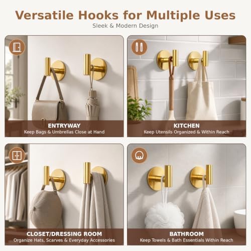 Gold Stainless Steel Wall Hooks, Heavy Duty Self-Adhesive Hooks for Coats, Towels, Robes, Hats, Aprons – No Drill Bathroom, Kitchen, Hotel (2 Pack) - Image 4