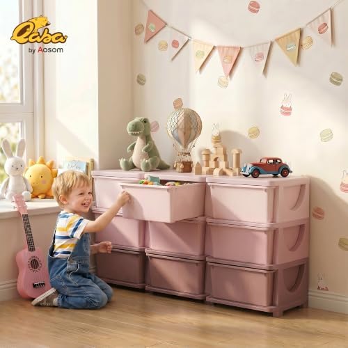 Qaba 9 Drawers Kids Storage Unit 3 Tier Toy Organizers Pink - Image 2
