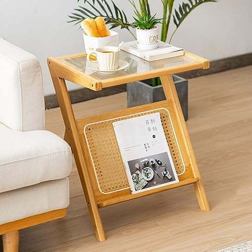 GIANTEX Rattan Side Table, Boho Nightstand with Glass Top & Magazine Rack, End Table with Storage, Bamboo Bedside Table for Small Space Living Room Bedroom (Natural,1) - Image 4