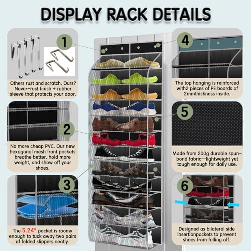 Kotkn Over The Door Shoe Organizer with 12 Large Breathable Pockets - Durable Hanging Storage for the Entire Family's Shoes (Black) - Image 3