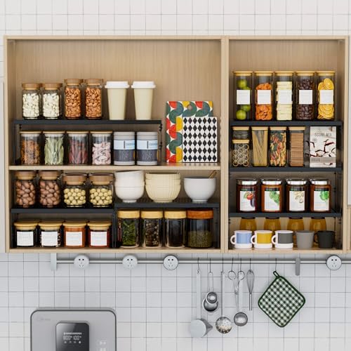 Stackable Expandable Metal Shelf Organizer - Adjustable Wire Storage Rack with Holes for Kitchen, Bathroom, Cabinet, Office - Space Saving, Durable & Sturdy Design（2PACKS/Medium/Black - Image 5