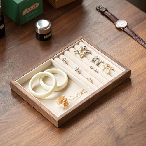 Black Walnut Wooden Jewelry Tray Organizer with Velvet Lining - Jewelry Storage & Display Tray for Rings, Earrings, Bracelets, Watches - Multi-Functional Drawer Organizer (1 Grid + 5 Line) - Image 3