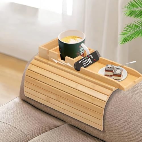 Bamboo Couch Cup Holder, Foldable and Anti-Slip Sofa Arm Table with Detachable Sofa Arm Organizer Tray, Portable 2 in 1 Sofa Armrest Tray for Drink, Coffee, Cup, Remote, Snacks, Cellphone, Glasses by Unknown