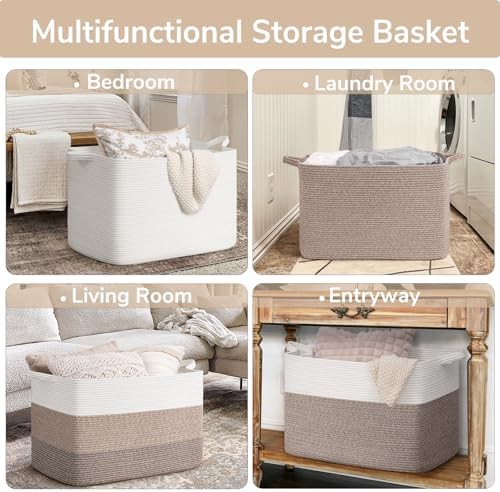 Goodpick 105L Extra Large Woven Rope Blanket Basket, Rectangle, Light Brown - Image 4
