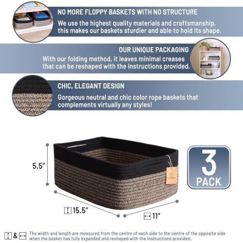 Woven Rope Baskets for Organizing, 3 Pack, 15.5 x 11 x 5.5" Storage Bins - Image 2