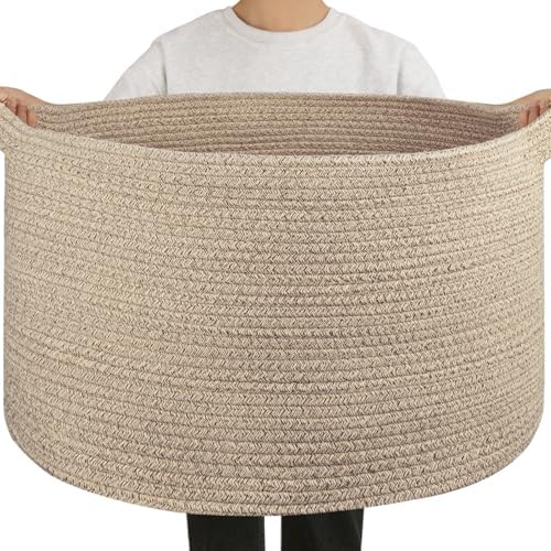OIAHOMY 90L Extra Large Blanket Basket - Decorative Cotton Rope Storage Basket for Bedroom, Living Room & Nursery - Woven Laundry Hamper for Organizing Blankets, Clothes & Toys - Brown by MasterofSpaceOptimization