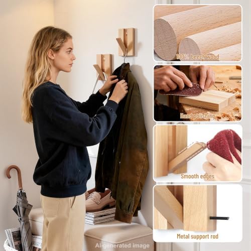 Wall Hooks for Small Space: 2Pack Foldable Wood Natural Coat Hooks - Image 5