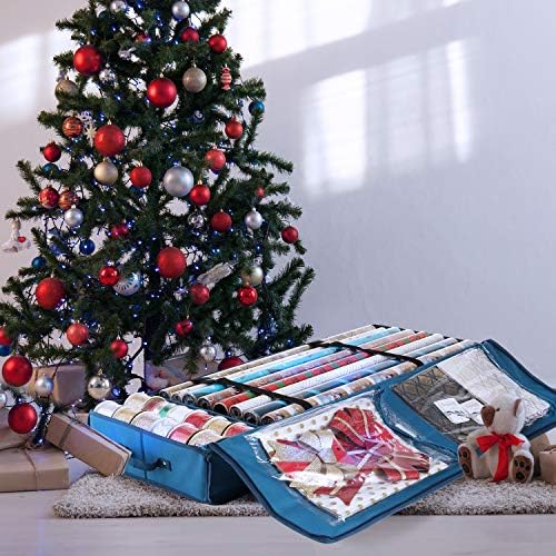 Hearth & Harbor Wrapping Paper Storage Container - Christmas Storage Bag with Interior Pockets - Gift Wrap Organizer Fits Up to 22 Rolls of 40" - Tear Proof, Blue - Image 6