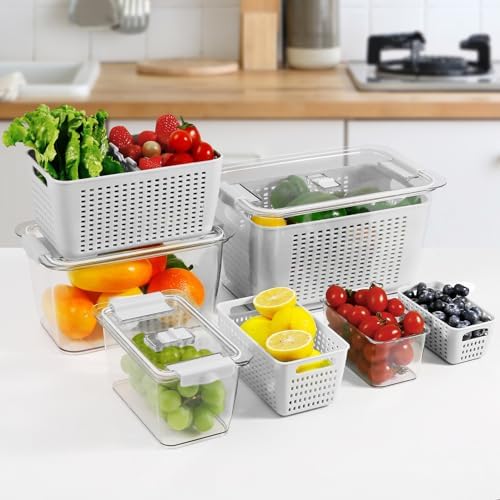 LUXEAR 4 Pack Fruit Vegetable Containers for Fridge, Produce Saver Container with Lids &Removable Colander BPA-free Refrigerator Storage Organizer for Fruit Vegetable, Berry, Meat keep Fresh Longer - Image 6