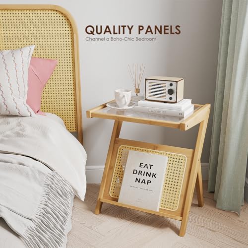 Bamworld Rattan Side Table Boho Nightstand with Storage Shelf - Image 5