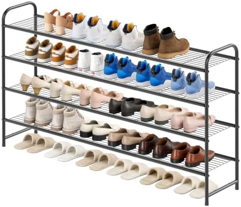 KEETDY 4-Tier Long Shoe Rack for Closet Metal Shoe Organizer for Entryway, Wide Stackable Shoe Storage Shelf with Sturdy Wire Grid for Closet Floor, Bedroom, Black by KEETDY