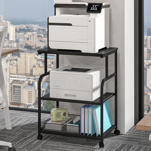3-Tier Adjustable Large Printer Stand with Storage, Rolling Printer Cart with Lockable Wheels for Home, Office (Black) by Unknown