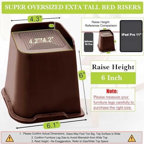 Bed Risers 1 inch, 2 inch, 3 inch, 4 inch, 6 inch, 8 inch Heavy Duty, Oversized Furniture Riser for Couch Sofa Table Chair Leg Frame Dorm, Support up to 6000 Lbs (Chocolat Brown 6 Pack, 6 inch) - Image 2