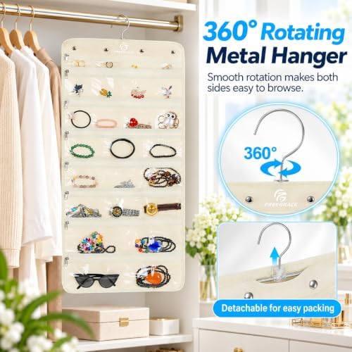 Freegrace Hanging Jewelry Organizer, 25 Zippered Pockets, 23 Necklace Hooks - Image 5