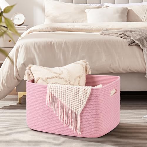 OIAHOMY 75L Large Blanket Basket Woven Storage Basket with Handle Pink - Image 4