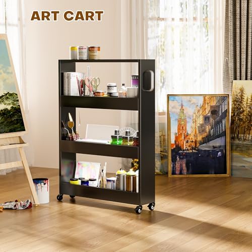 Slim Storage Cart, Lightweight 4 Tier Metal Rolling Utility Kitchen Cart on Wheels, Mobile Storage Shelving Unit Organizer for Bathroom Laundry Office Narrow Places (4 Tier-Black, 6" D) - Image 7