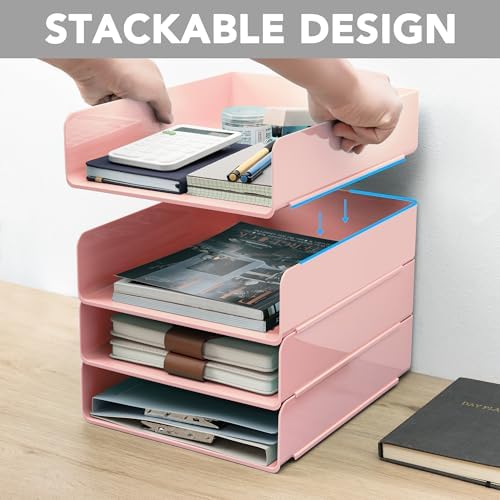 Tiawudi Desk Organizer, Office Organization and Storage, Plastic Letter Tray, Stackable File Organizer for Classroom, Home, Documents, Notes, Folders, Books and Pens, 4 Tier - Image 3