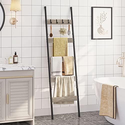 HOOBRO Blanket Ladder, 5-Tier Towel Rack with Hooks, Wall-Leaning Blanket Rack, Decorative Display Ladder Shelf, Scarves, Industrial, Living Room, Bedroom, Greige and Black BG52CJ01 - Image 2