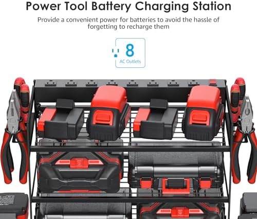 CCCEI Garage Tools Storage with Charging Station. Power Tool Battery Organizer Utility Shelf with Power Strip. 4 Drills Holder Wall Mount Rack, Black 4 Layer. - Image 2