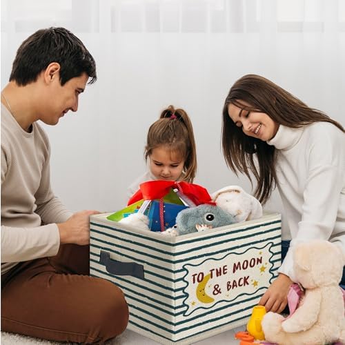 to the Moon and Back Kids Nursery Foldable Storage Bins Box with Handles, Retro Blue Striped Playroom Collapsible Toys Books Clothes Organizer Basket for Kids Nursery Room Bedroom Bathroom - Image 4