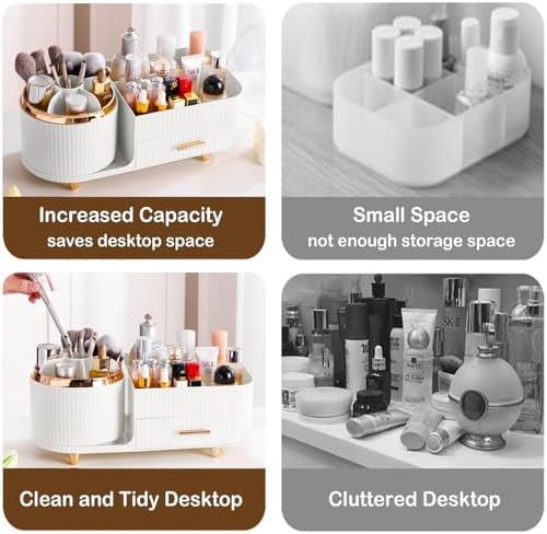 Rotating Makeup Organizer for Vanity with Brush Holder and Drawer, Cosmetic Makeup Storage, Large Spinning Makeup Skincare Organizer, Countertop Makeup Perfume Organizer, Lotions Display Case (White) - Image 6