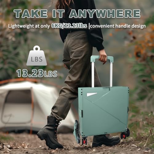 76L Folding Utility Cart Portable Rolling Crate Handcart Shopping Collapsible Tool Box with Stair Climbing Wheels,Hidden Lid,2 Rotate Wheels,for Grocery,Shopping,Office,Storage(Dark Green) - Image 5