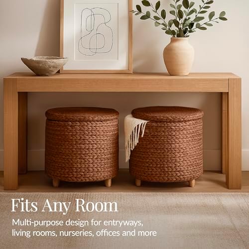 Best Choice Products 17" Round Storage Ottoman W/Lid, Handwoven Water Hyacinth Footstool, Footrest w/Wooden Legs, Accent Side Table, Storage Container, Plant Stand - Chestnut - Image 5