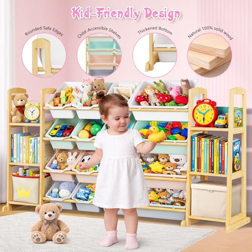 Kids Toy Storage Organizer with Bookshelf – Wooden Shelf with 16 Bins & 6 Shelves, Quick Assembly Storage Rack for Playroom, Bedroom, Nursery – Colorful - Image 3