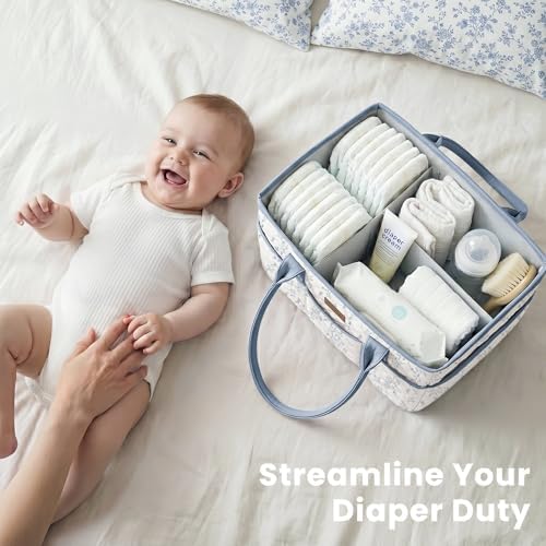 Konssy Baby Diaper Caddy Organizer, Floral Design with PU Leather Handles - Image 2
