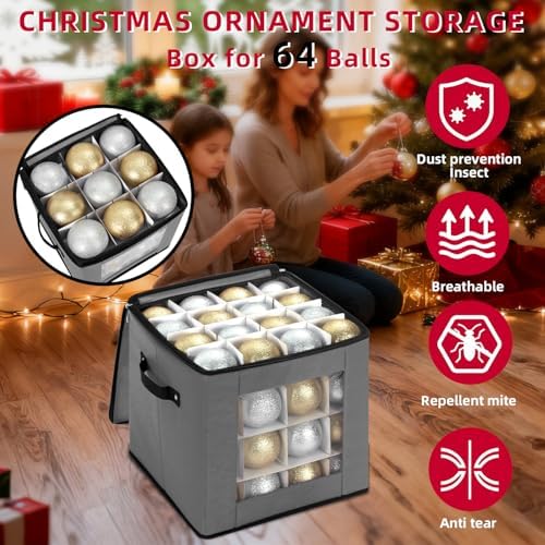 DIMESHY Christmas Ornament Storage Box Holds 64 Holiday Decorations,GRAY - Image 2