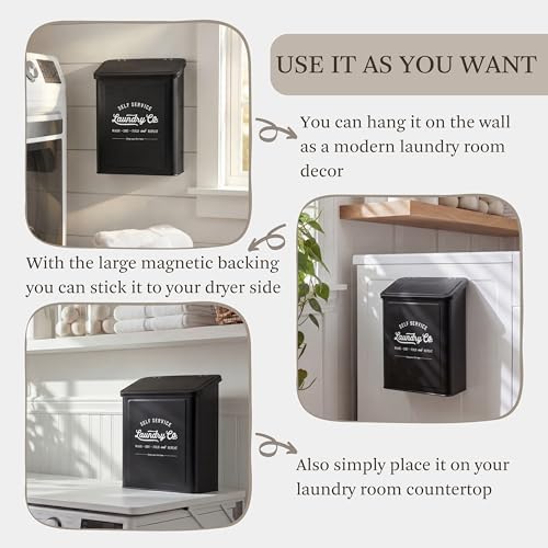 MONJITA Magnetic Lint Bin for Laundry Room, Metal Trash Can with Lid for Dryer, Farmhouse Lint Holder, Laundry Co Sign, Laundry Room Storage Decor with Dryer Lint Brush (Black-Dryer Ball Set) - Image 3