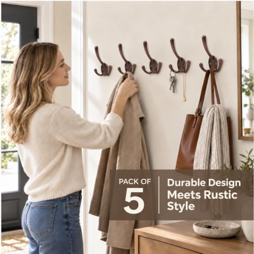 Heavy Duty Coat Hooks - 5 Packs Aluminum Alloy Wall Mounted Hooks for Hanging Jacket, Clothes, Bags, Hat | Durable Metal Utility Wall Hooks for Entryway, Closet, Mudroom, Bathroom, Garage - Image 2