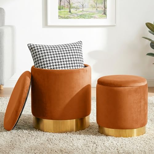 Round Ottoman with Storage Set of 2, Vanity Foot Stool with Storage, Nesting Upholstered Small Ottoman Foot Rest with Gold Plating Base for Room, Bedroom, Dorm, Orange Velvet Ottomans by FYRICKYLINOO