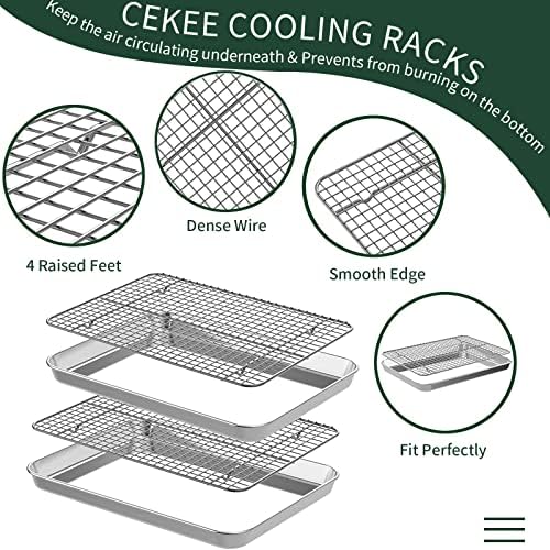 Quarter Sheet Pan with Cooling Rack Set [2 Baking Sheets + 2 Baking Racks], CEKEE Stainless Steel Cookie Sheets for Baking and Wire Rack - Rust & Warp Resistant & Nonstick, Size 12 x 9.8 x 1 Inch - Image 4