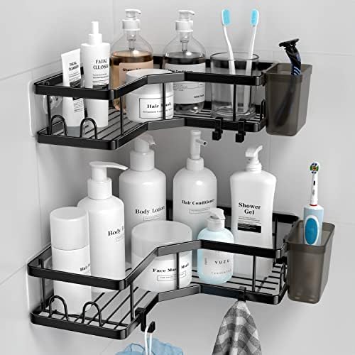 AKTECKE Corner Shower Caddy, 2 Pack Adhesive Shower Corner Organizer Shelves, No Drilling Stainless Steel Shower Storage Rack with Hooks&Toothpaste Holder for Bathroom Kitchen （for 90° Corners Only） by AKTECKE