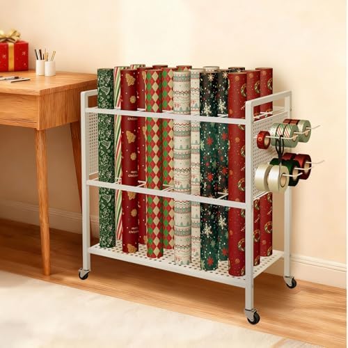 Wrapping Paper Organizer Storage with Wheel Cart, 18 Slap Bands & 6 hooks - Image 4