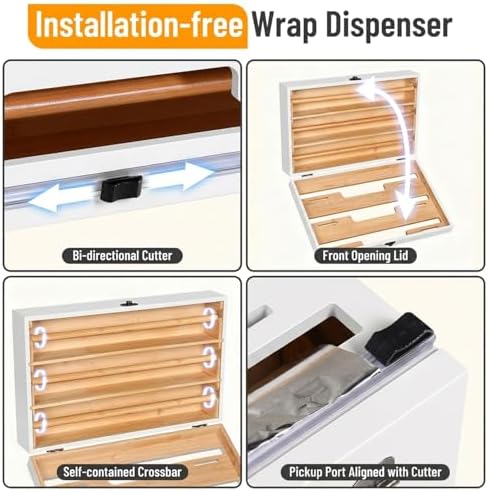 Allinside Magnetic Plastic Wrap Dispenser with Cutter, 3 in 1 Refrigerator Bamboo Wood Organizer for Tin Foil, Baking, Wax Paper Holder Kitchen Storage Box Compatible with 12.9" Roll, White (3 Layer) - Image 6