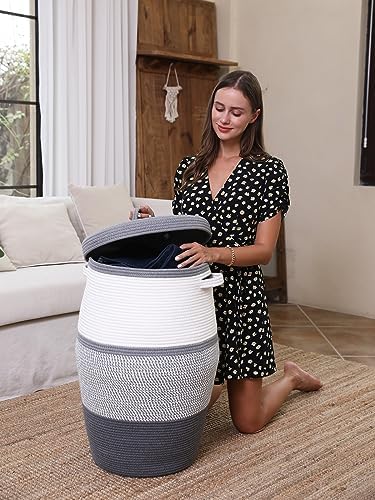 26"x20" Cottonphant Extra Large Tall Woven Laundry Basket with Lid, Cotton Rope Blanket Storage Basket, Freestanding Decorative Bin for Bedroom Living Room, Grey & Dark Grey - Image 6