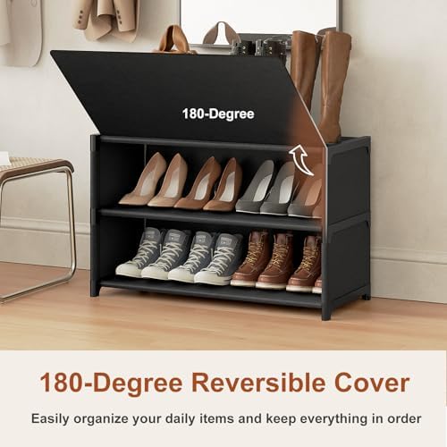 3 Tier Shoe Cabinet with Door, 12-Pair Storage, Black - Image 6