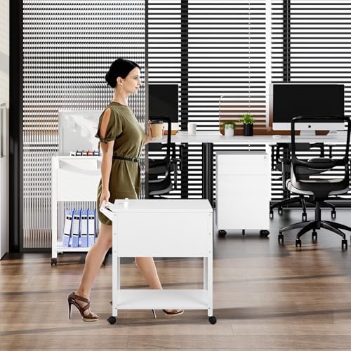 MIIIKO Mobile File Cart with Lock, Rolling File Cabinet Hanging Letter/Legal File Folders with Lockable Sliding Cover, White File Organizer on Wheels - Image 2