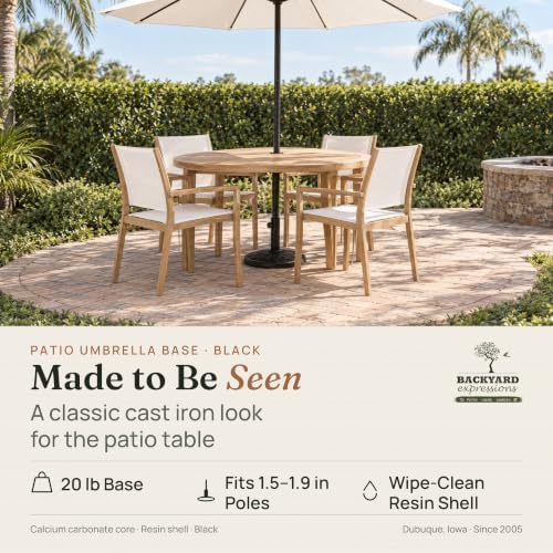 Backyard Expressions 20 lb Round Patio Umbrella Base – Heavy Duty Resin-Coated Calcium Carbonate Stand with Adjustable Pole Adapters Fits 1.5"–2" Poles, Weather-Resistant, Black Finish - Image 2