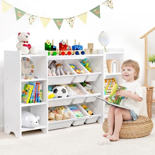 MallBest 57" Extra Wide Kids Bookshelf and Toy Storage Organizer, Solid Pine Wood Frame Playroom Organizer with 9 Bins, 4-Tier Toy Organizer for Kids Room, Nursery and Bedroom,White - Image 2